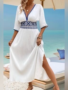 Bohemian Geometric Woven Embroidered Belt Patchwork Batwing Sleeve Dress